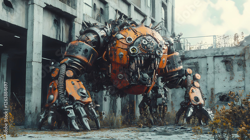 A mechanical behemoth wreaking havoc on urban structures in an abandoned environment. Mechanical Behemoths. Illustration