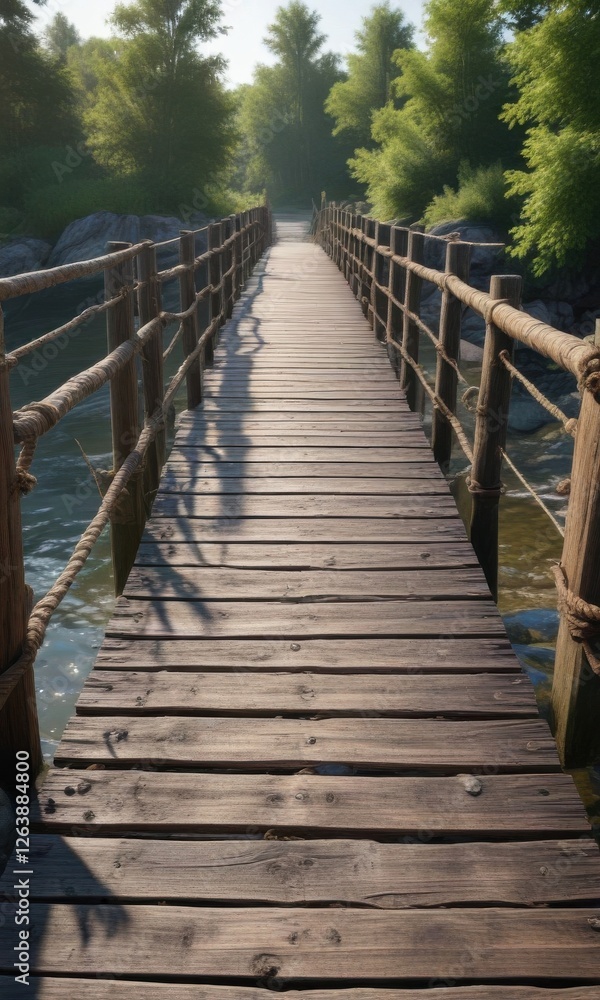 Old wooden bridge with worn planks and rope railings, old bridge, rope railing, forest path Old wooden bridge with worn planks and rope railings, old bridge, rope railing, forest path