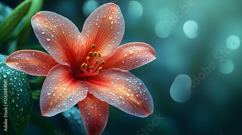 Delicate tiger lily after rainfall in serene, soft focus botanical composition