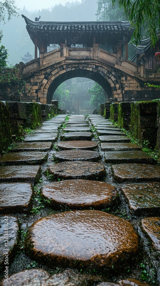 Obraz premium Ancient Stone Bridge Path In Misty Mountain Setting