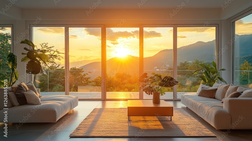 Fototapeta premium Sunset view luxury living room, mountain home interior design