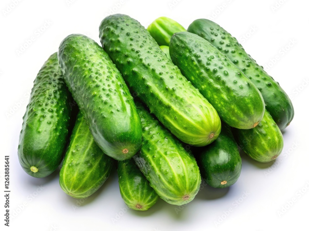 Overhead shot: Juicy green cucumbers against a pristine white background. Perfect stock image. Overhead shot: Juicy green cucumbers against a pristine white background. Perfect stock image.