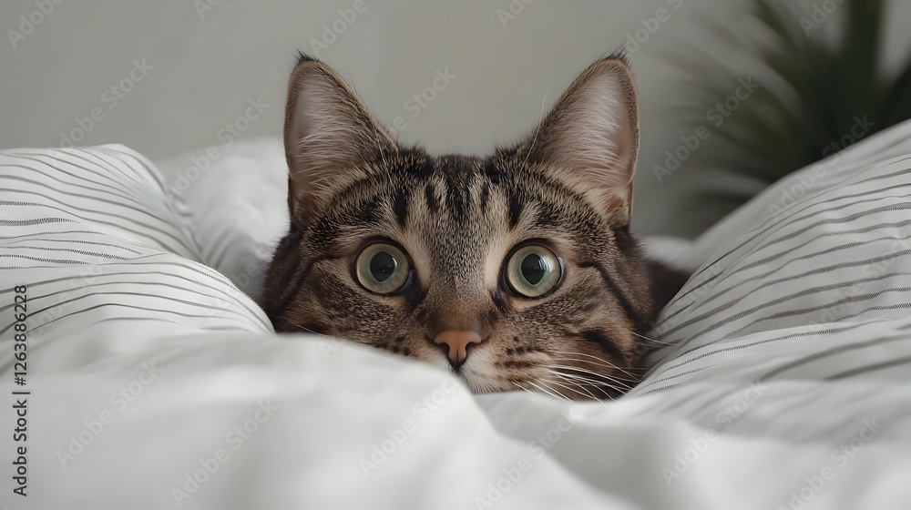 Curious Cat with Big Eyes Peeking from Cozy Bed Sheets in Soft Natural Light Indoor Setting Curious Cat with Big Eyes Peeking from Cozy Bed Sheets in Soft Natural Light Indoor Setting
