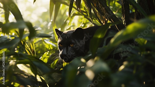 Fototapeta Naklejka Na Ścianę i Meble -  Mysterious black panther eyes shining through lush green jungle foliage scene