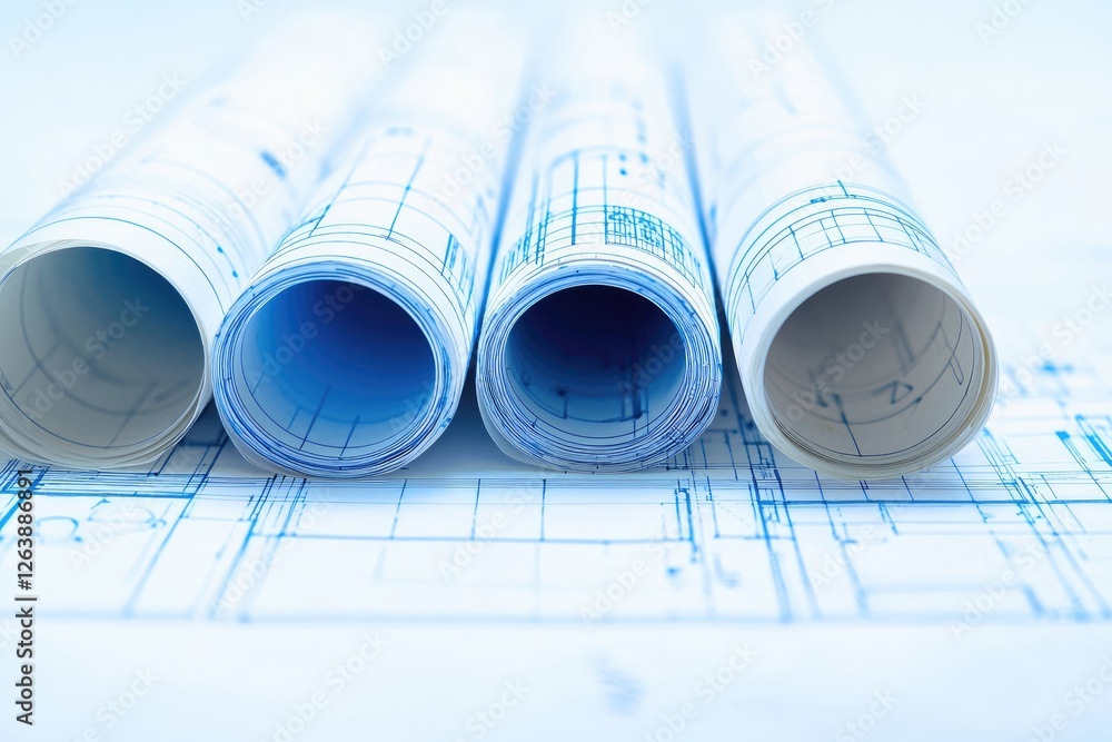 Rolls of blueprints on a light background showcasing detailed technical drawings and plans for architecture and engineering projects Rolls of blueprints on a light background showcasing detailed technical drawings and plans for architecture and engineering projects