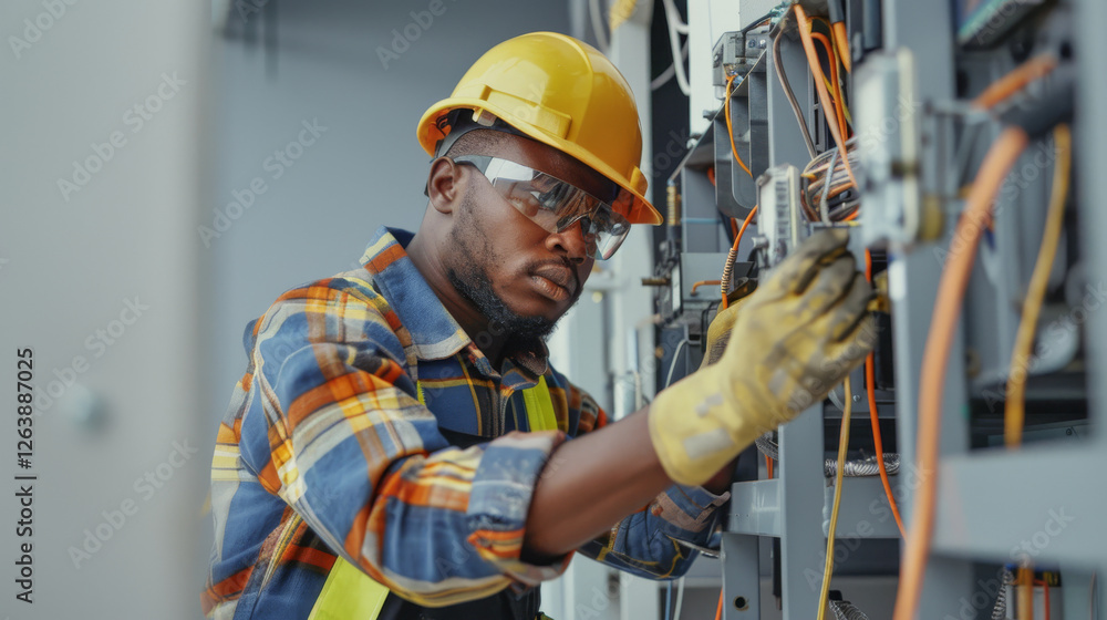 Focused African American Electrician in Safety Gear Working on Wiring. Concept of Skilled Labor, Electrical Safety, Technical Expertise, Professional Work Focused African American Electrician in Safety Gear Working on Wiring. Concept of Skilled Labor, Electrical Safety, Technical Expertise, Professional Work