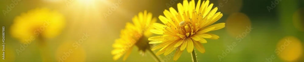 Pair of dandelions with soft petals unfolding in sunlight , natural, close-up, flowers Pair of dandelions with soft petals unfolding in sunlight , natural, close-up, flowers