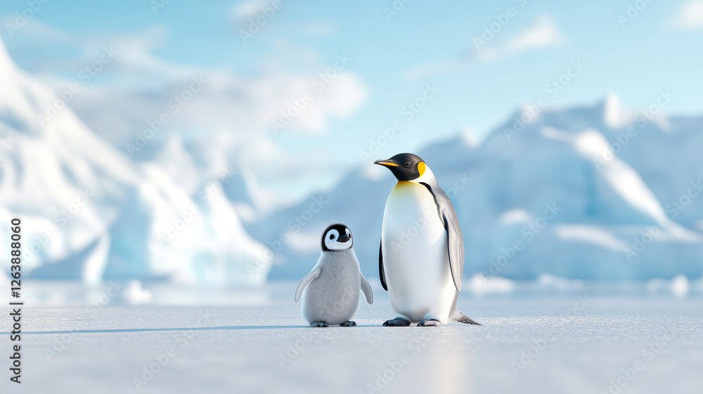 Obraz premium Playful Emperor Penguin Chick Standing Beside Adult on Snowy Arctic Landscape. Concept of Wildlife, Polar Adventure, Animal Family, Cold Habitat. Copy space