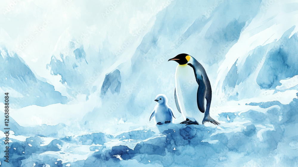 Fototapeta premium Watercolor Illustration of Emperor Penguin and Chick in Icy Antarctic Landscape. Concept of Wildlife Art, Polar Habitat, Nature Beauty, Endangered Species. Copy space