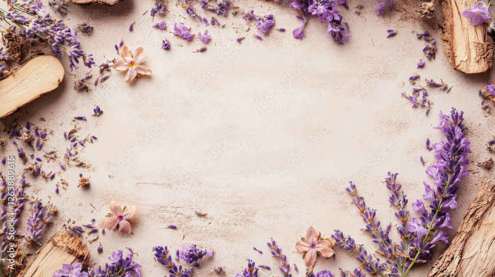 Naklejka premium Rustic Spring Frame with Blooming Wildflowers and Lavender Creating a Natural Border. Concept of Nature's Beauty, Floral Design, Rustic Aesthetic, Serenity. Background, greeting card, Copy space