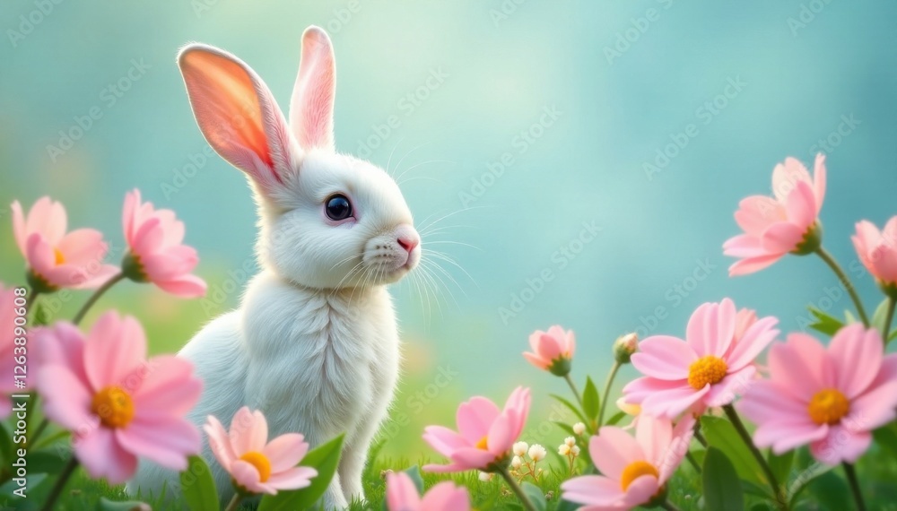 Obraz premium Pastel colored bunny surrounded by flowers, floral, colorful, Easter