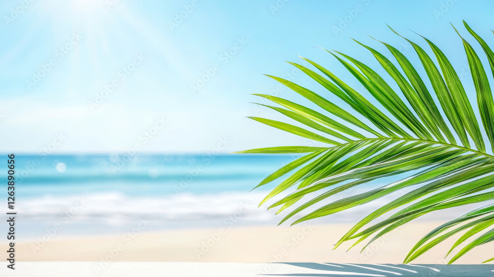 Tropical Beach Scene with Vibrant Palm Frond and Sunny Ocean Background for Summer Relaxation, Copy space Tropical Beach Scene with Vibrant Palm Frond and Sunny Ocean Background for Summer Relaxation, Copy space
