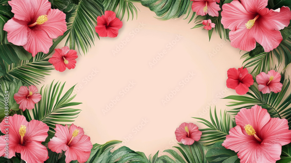 Obraz premium Vibrant Tropical Floral Frame with Hibiscus and Greenery for Creative Summer Designs and Decorations. Summer Background. Copy space