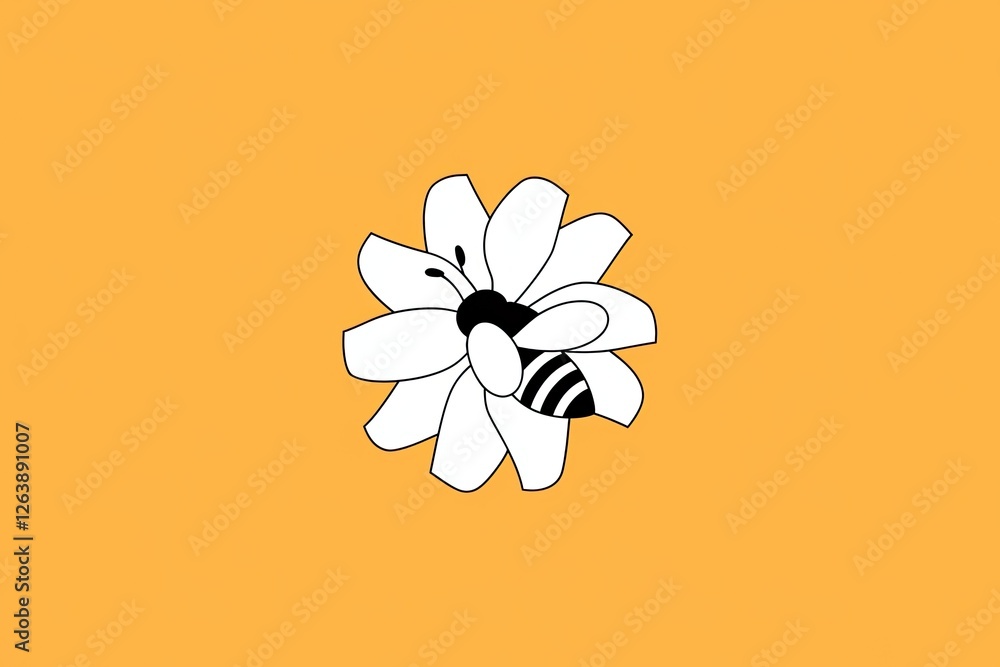 Naklejka premium Minimalist White Daisy and Bee Illustration on Ochre Background - Simple, Clean, Flat Graphic Style