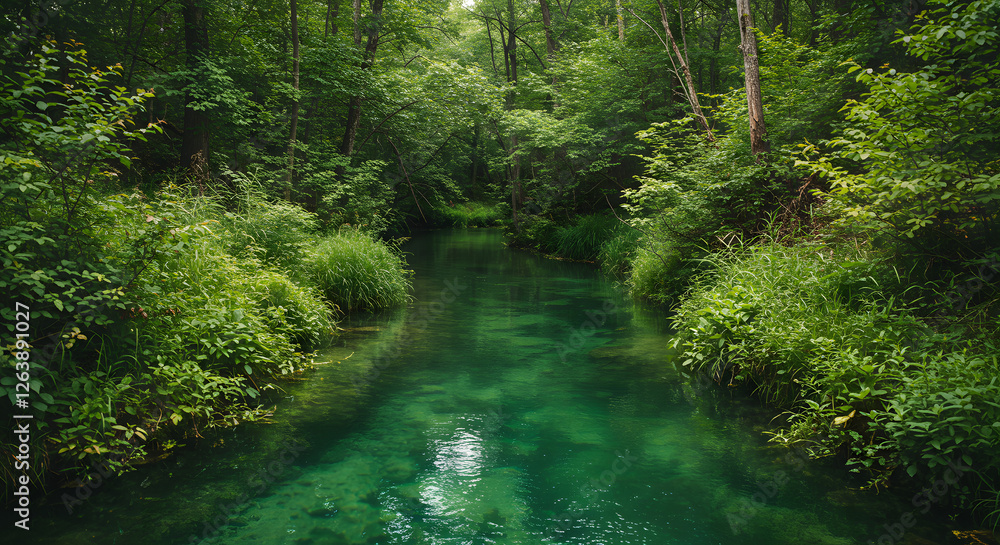 神秘的なエメラルドグリーン、自然の源泉から湧き出る清水
