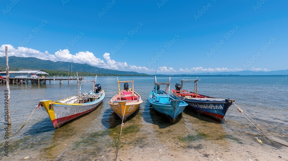 Colorful fishing boats at a tropical beach, calm sea, mountains background, travel poster Colorful fishing boats at a tropical beach, calm sea, mountains background, travel poster