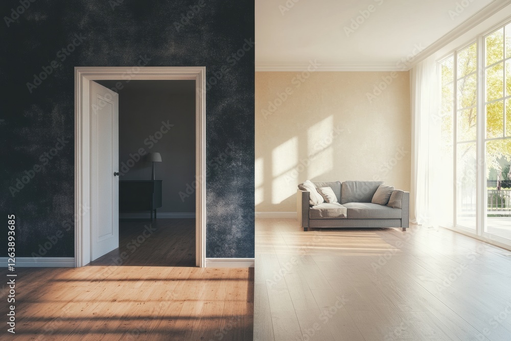 Fototapeta premium Contrast of dark vintage decor and bright modern living room design showcasing renovation transformation in interior style. Generative AI