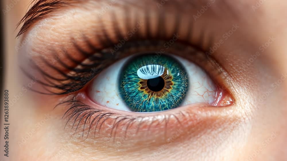 Close-up of a blue-green eye with detailed iris and natural makeup on skin. Macro photography for beauty and health concepts Close-up of a blue-green eye with detailed iris and natural makeup on skin. Macro photography for beauty and health concepts