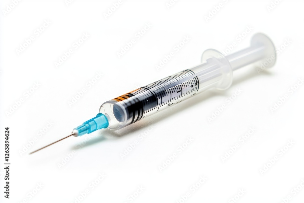 Close-up of a medical syringe with a clear plastic body, graduated scale, and blue needle, showcasing sterile healthcare equipment for injections and vaccinations Close-up of a medical syringe with a clear plastic body, graduated scale, and blue needle, showcasing sterile healthcare equipment for injections and vaccinations