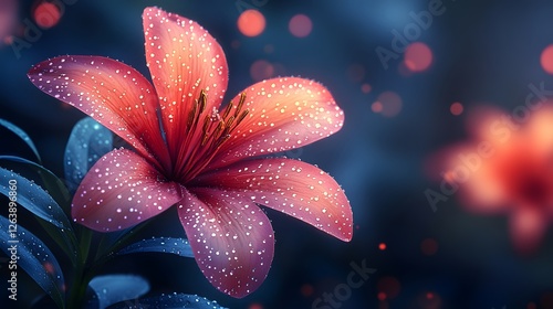 Crimson lily adorned with sparkling droplets in a dreamy backdrop of lights