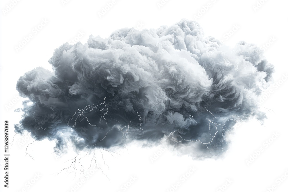 Dramatic Thunderstorm Cloud with Dark Gray Shades, Lightning Strikes, and Soft White Fluff, Ideal for Weather-Related Artistic Designs and Illustrations Dramatic Thunderstorm Cloud with Dark Gray Shades, Lightning Strikes, and Soft White Fluff, Ideal for Weather-Related Artistic Designs and Illustrations