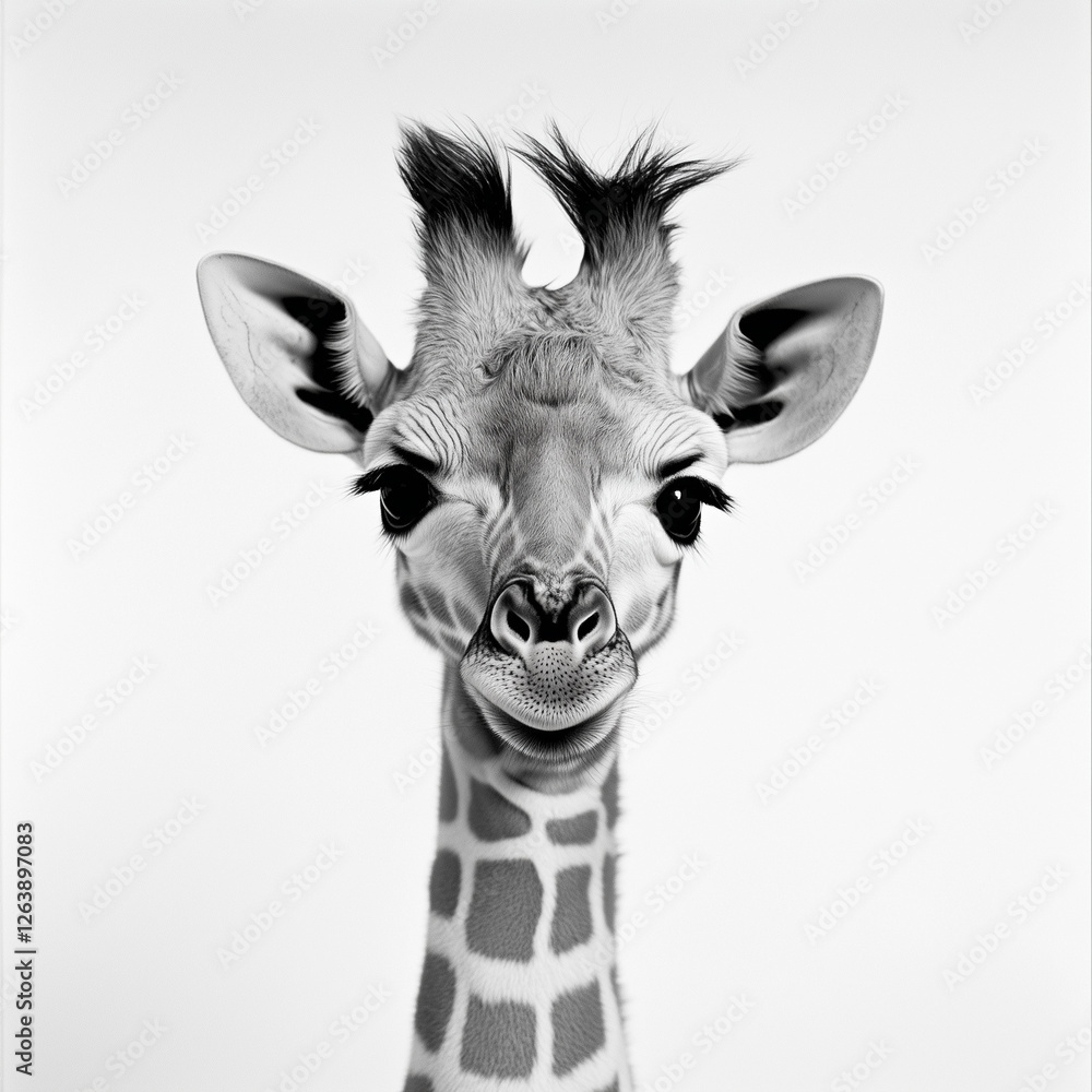 Fototapeta premium Elegant Black and White Giraffe Portrait on a Minimalist White Background