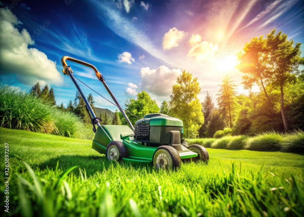 Fototapeta premium Sleek mower, lush green lawn. Summer yard work captured in vibrant photography.