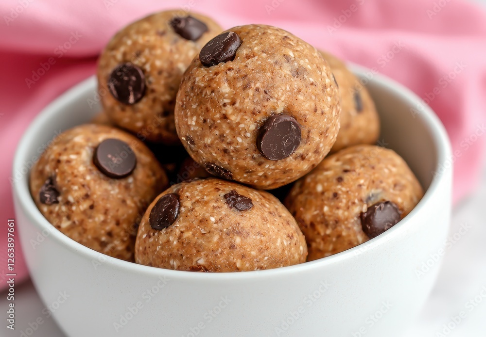 A bowl full of delicious chocolate chip cookie dough protein balls. A bowl full of delicious chocolate chip cookie dough protein balls.