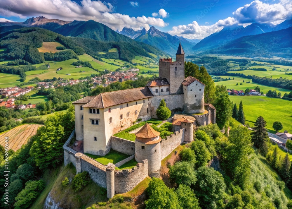 Soaring above Presule Castle in South Tyrol, Italy: a breathtaking medieval aerial perspective. Soaring above Presule Castle in South Tyrol, Italy: a breathtaking medieval aerial perspective.