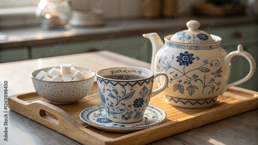 Elegant Chinese porcelain tea set with teapot cups and saucer on a table. Elegant Chinese porcelain tea set with teapot cups and saucer on a table.