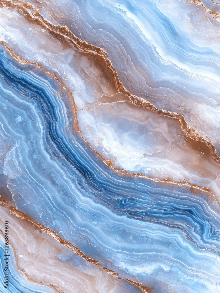 Fototapeta premium Blue and brown agate stone texture with gold veins.