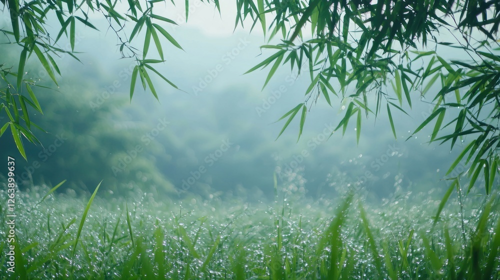 Naklejka premium Dewdrops on Grass Blades Under Bamboo Leaves