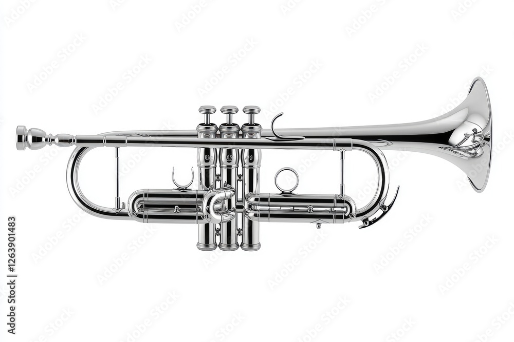 Obraz premium Shiny Silver Trumpet on White Background Showcasing Detailed Valves and Design for Music Photography, Instrument Collection, and Educational Purposes