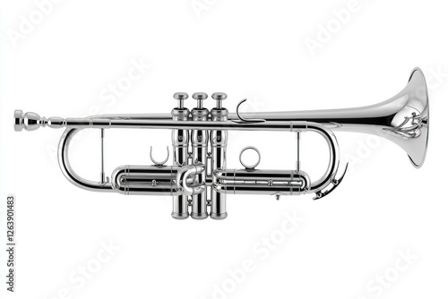 Shiny Silver Trumpet on White Background Showcasing Detailed Valves and Design for Music Photography, Instrument Collection, and Educational Purposes photo