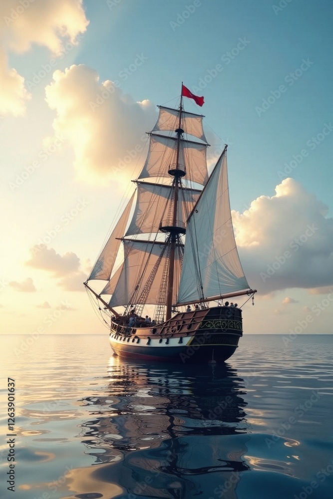 Sailing ship on calm waters, wave, ocean, sail