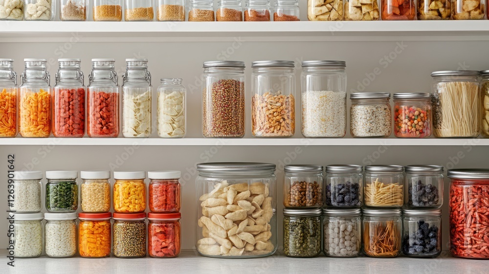Organized pantry, food storage jars, kitchen shelves, healthy ingredients, cooking background Organized pantry, food storage jars, kitchen shelves, healthy ingredients, cooking background