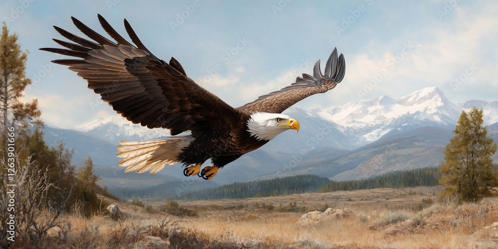 Fototapeta premium Bald eagle soaring, mountains backdrop. Wildlife, nature