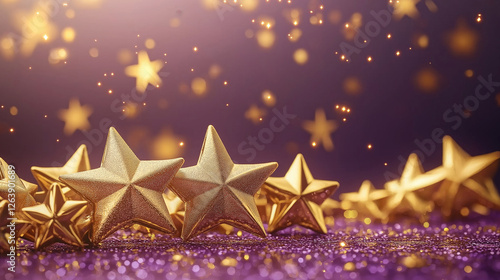 Golden shining stars on sparkling purple background with floating lights