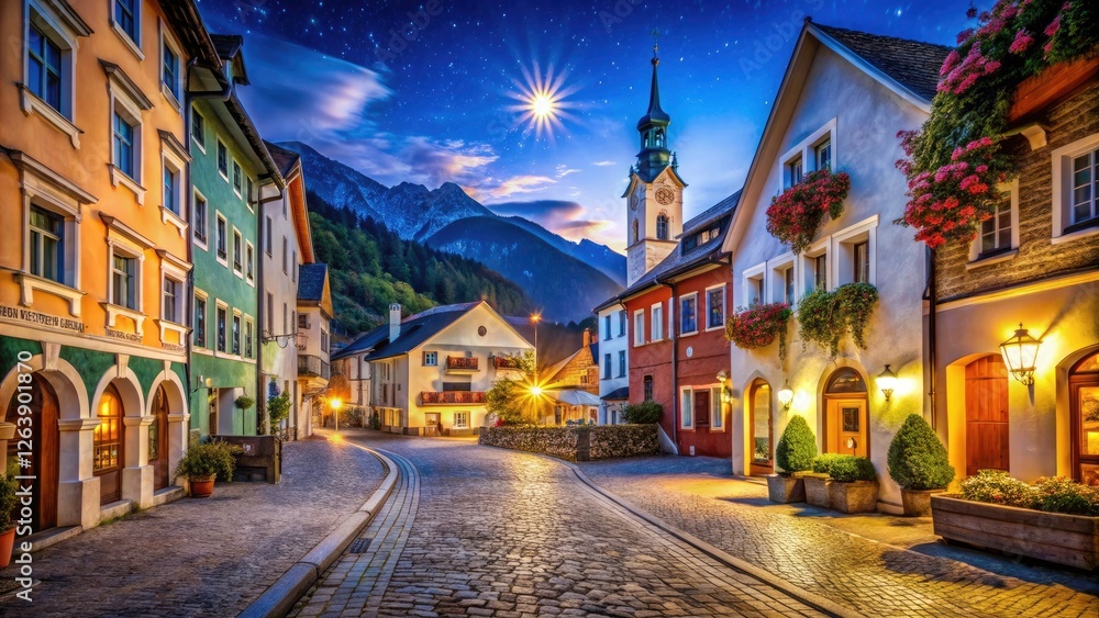 Naklejka premium Stunning Sterzing nightscape: crisp, clear images showcase the Italian Alps town under a starlit sky.