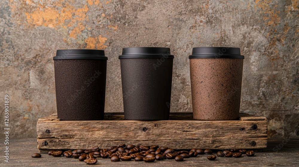 Naklejka premium Three reusable coffee cups on a wooden crate with coffee beans.