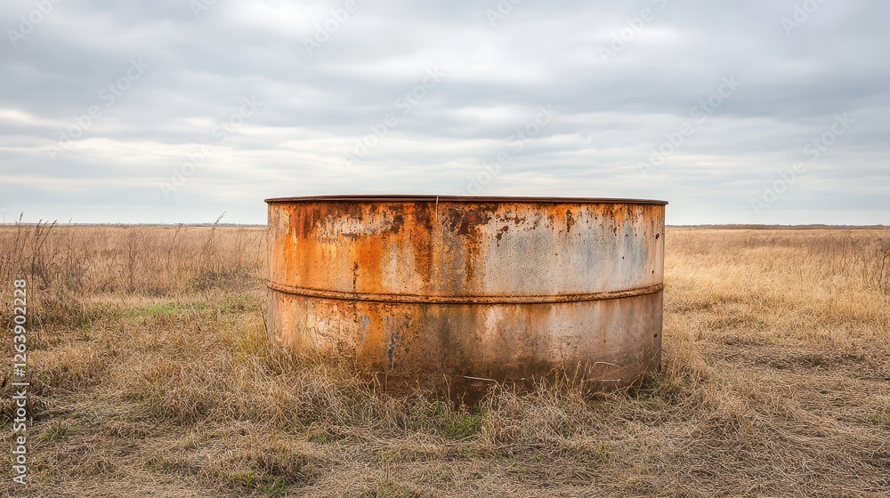 Rusty Cylinder Surrounded by Brown Grass Under Overcast Sky Rusty Cylinder Surrounded by Brown Grass Under Overcast Sky