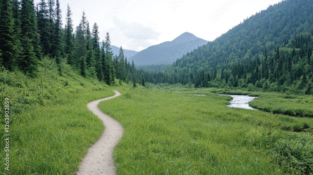Fototapeta premium Winding Trail Through Lush Mountain Valley