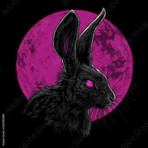 Black Rabbit With Glowing Pink Eyes Against Full Moon