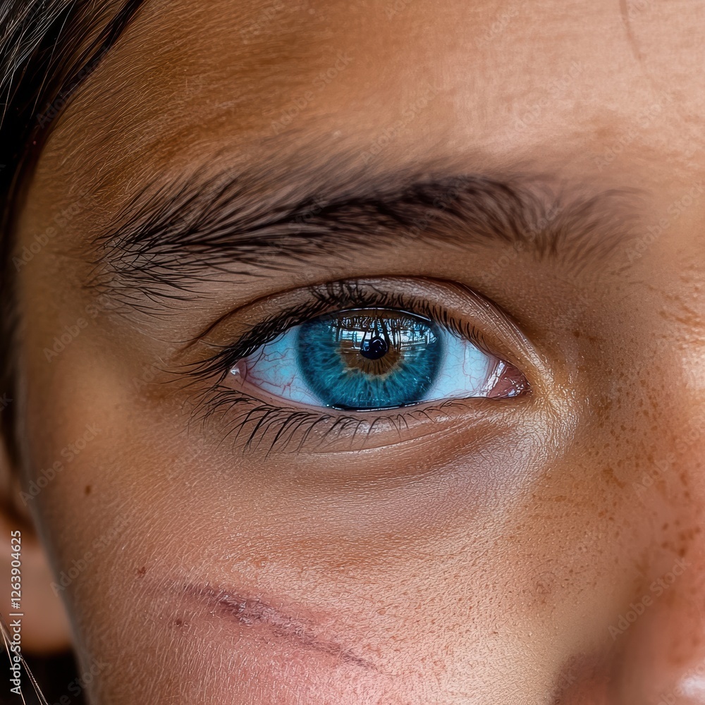 Obraz premium Close-up of a striking blue eye with a brown center, showcasing intricate details and a unique scar.