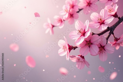 delicate pink sakura petals floating in soft white fog, spring, petals