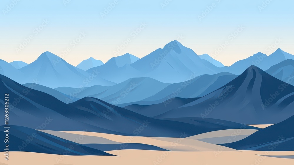 Serene Mountain Landscape with Soft Blue Tones and Sandy Plains Serene Mountain Landscape with Soft Blue Tones and Sandy Plains