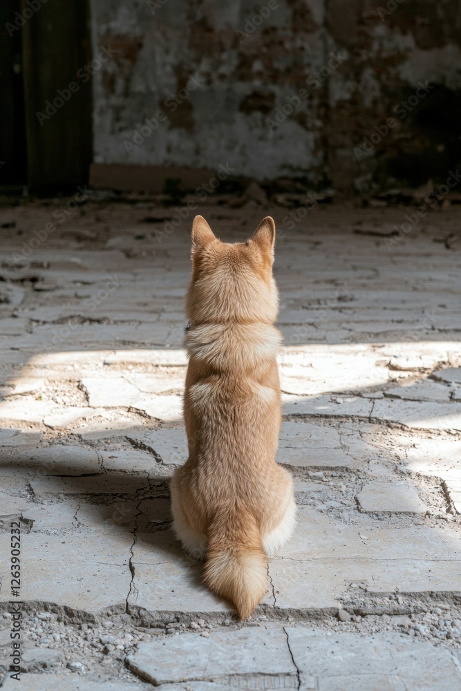Dog sitting in an abandoned building. Dog sitting in an abandoned building.