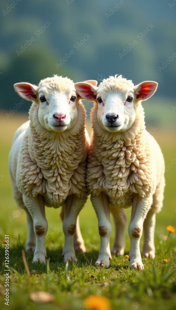 Sheep and sheepdog standing together, , vector art, landscape Sheep and sheepdog standing together, , vector art, landscape