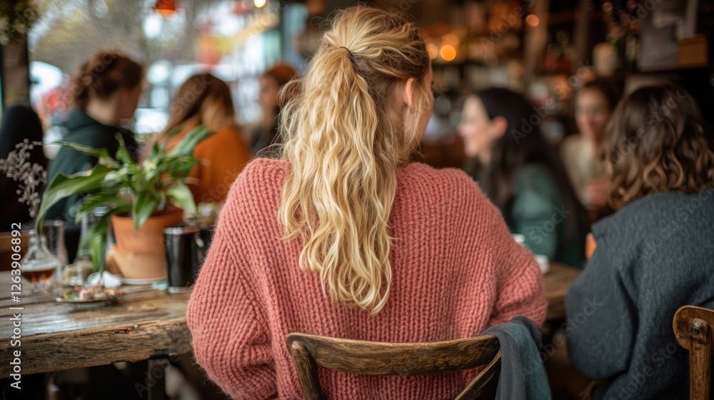 Fototapeta premium Blonde woman in cozy sweater at cafe gathering with friends