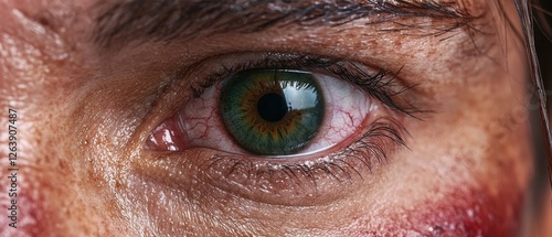 Close-up of a bloodshot eye with a green iris.